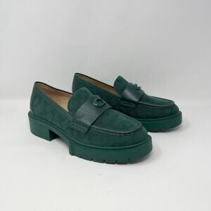 Coach Leah Lug Sole Block Heel Loafers Womens 9 Dark Pine Signature Canvas CC732